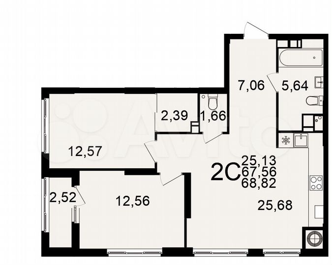 2-к. квартира, 68,8 м², 9/25 эт.