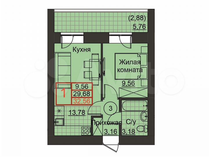 1-к. квартира, 32,6 м², 7/20 эт.