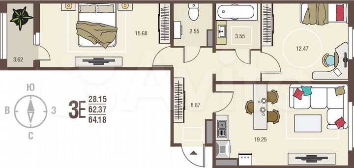 2-к. квартира, 64,2 м², 17/17 эт.