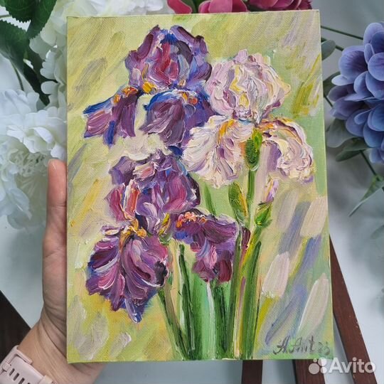 Ирисы цветы картина маслом миниатюра с цветами
