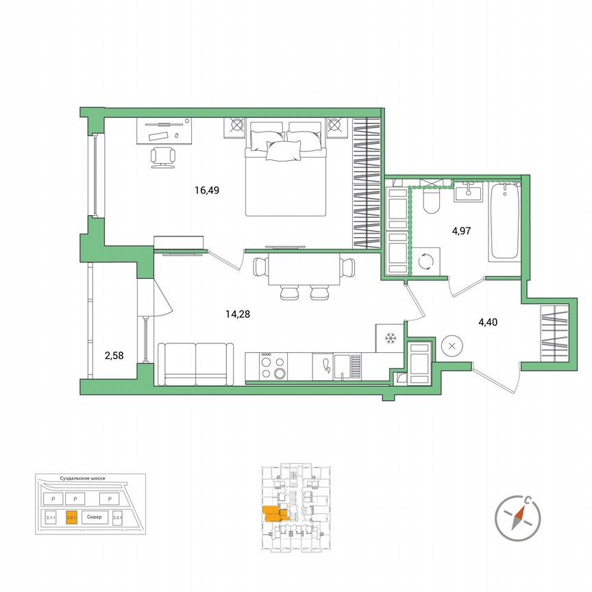 1-к. квартира, 41,4 м², 18/25 эт.