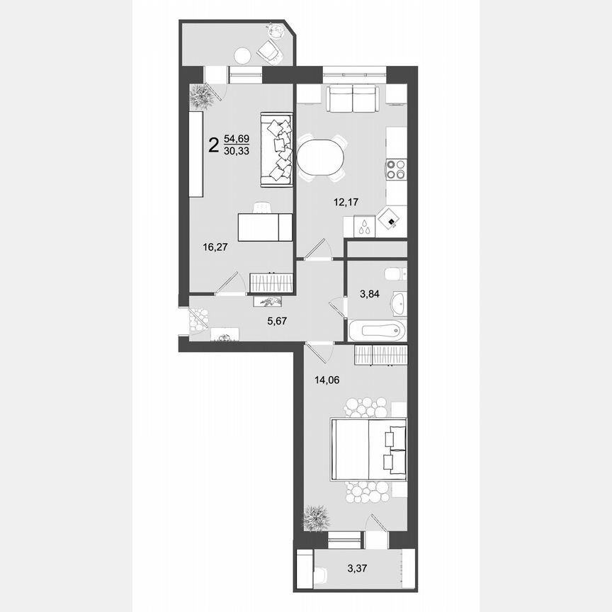 2-к. квартира, 54,7 м², 2/9 эт.