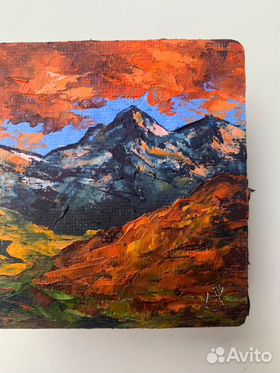 Картина маслом горный пейзаж поле с цветами