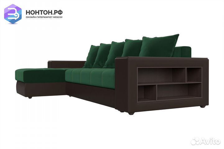Диван угловой еврокнижка Дубай велюр зеленый / эко