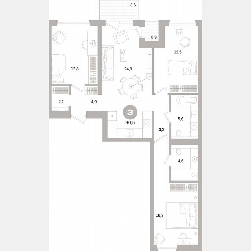 3-к. квартира, 91 м², 3/16 эт.