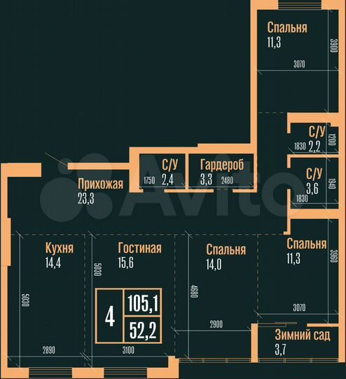 4-к. квартира, 105,1 м², 13/25 эт.