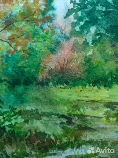 Картина акварелью летний пейзаж в лесу