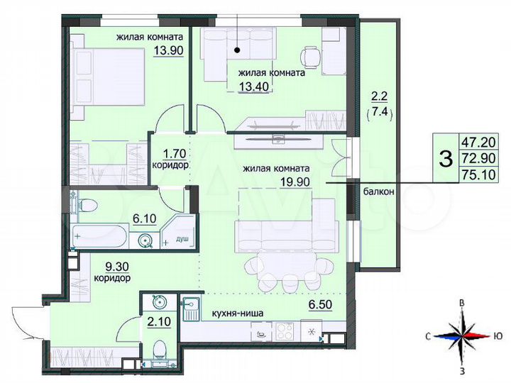 3-к. квартира, 75,4 м², 7/8 эт.