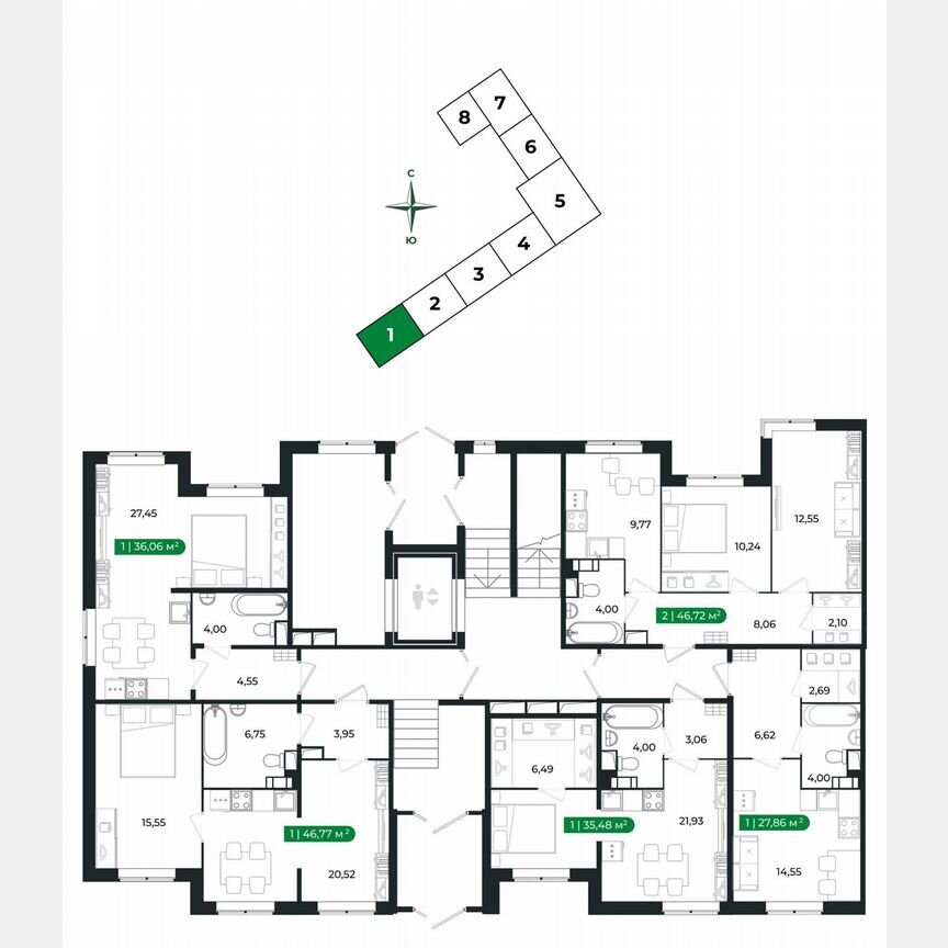 1-к. квартира, 46,3 м², 1/8 эт.