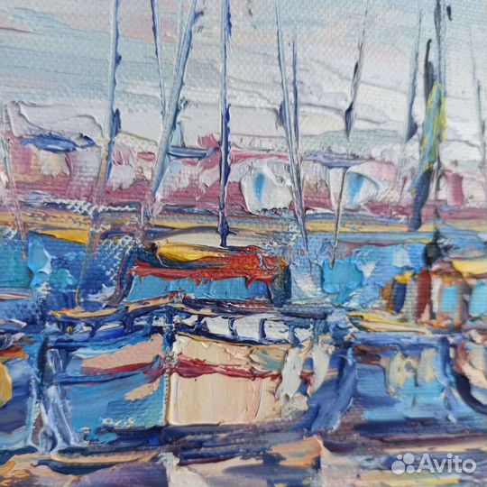 Картина маслом лодки пейзаж море 50х35 см