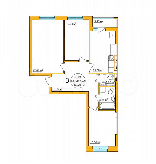 3-к. квартира, 69,1 м², 1/18 эт.