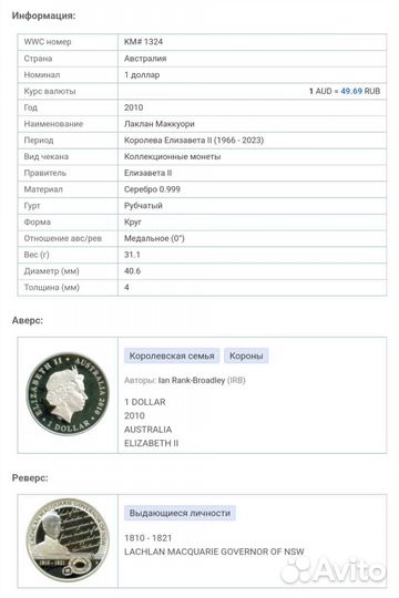 Монета Лаклан Маккуори 1 доллар австралия 2010