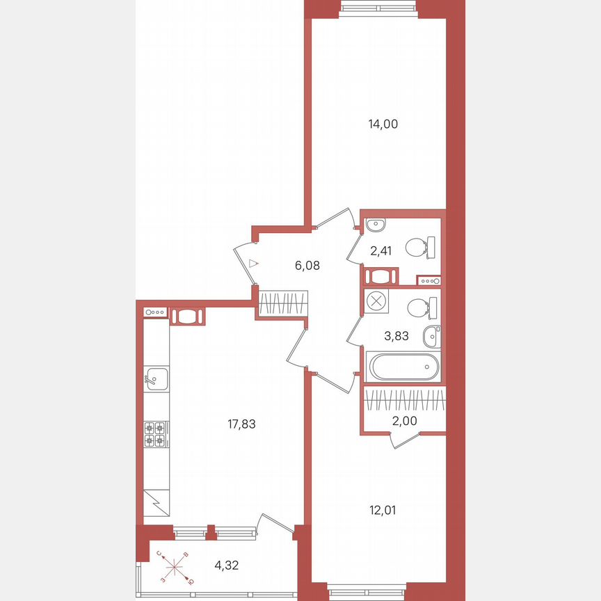 2-к. квартира, 60,3 м², 2/5 эт.