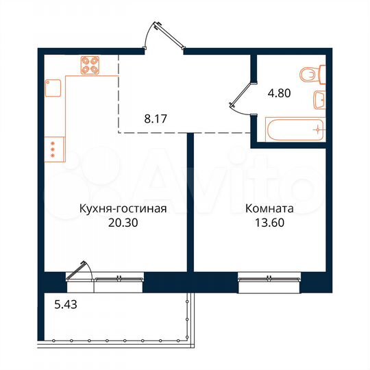 1-к. квартира, 52,3 м², 15/17 эт.