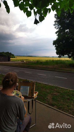 Пейзаж масло холст поле гроза небо закат колос