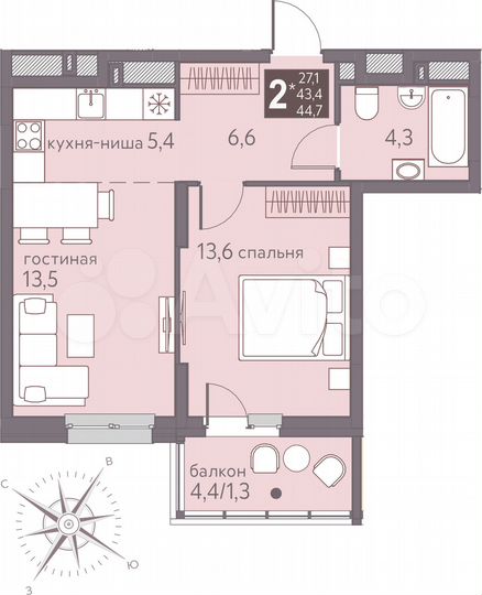 2-к. квартира, 44,7 м², 2/16 эт.