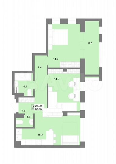 2-к. квартира, 66 м², 9/31 эт.