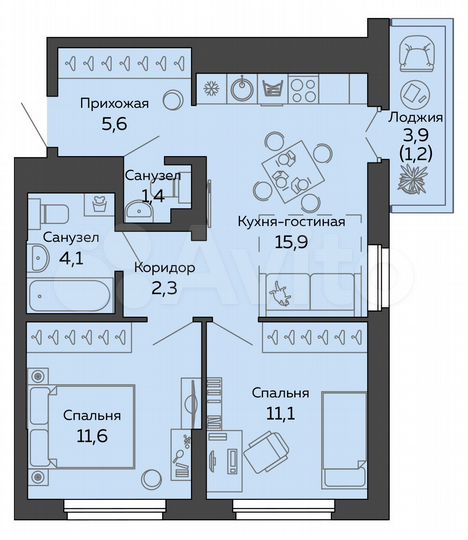 2-к. квартира, 53,2 м², 14/25 эт.