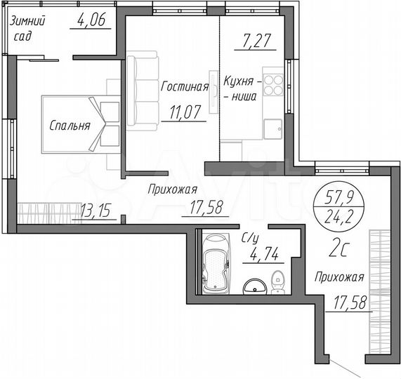 2-к. квартира, 57,9 м², 6/25 эт.