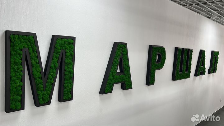 Логотип вывеска со мхом, буквы из мха