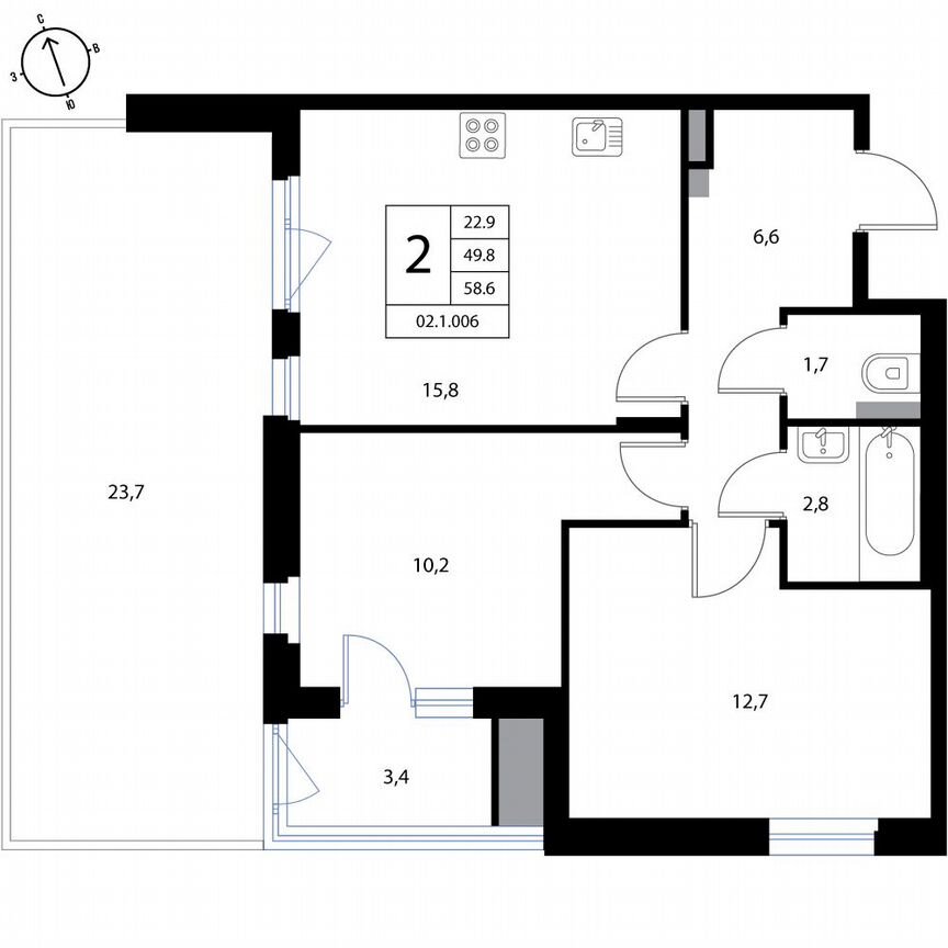2-к. квартира, 58,6 м², 1/3 эт.