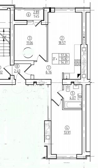 2-к. квартира, 57,3 м², 3/9 эт.
