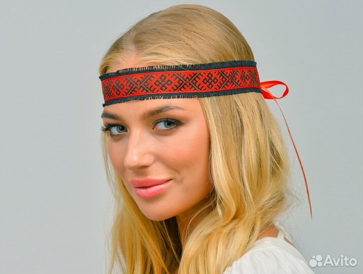 Славянское очелье из льна черно-красное В наличии