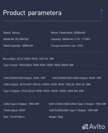 Power Bank внешний аккумулятор 30000мАч 65W Baseus