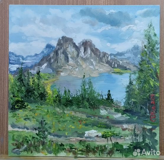 Картина миниатюра маслом на холсте, горный пейзаж