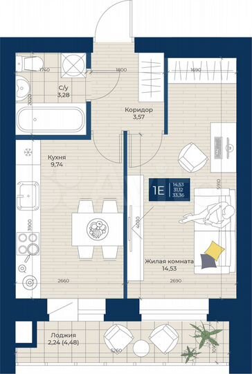 1-к. квартира, 33,4 м², 2/5 эт.