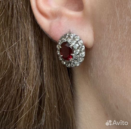 Серьги серебро гранат фианит малинка винтаж