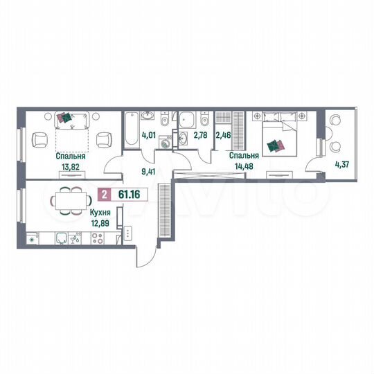 2-к. квартира, 61,2 м², 11/16 эт.