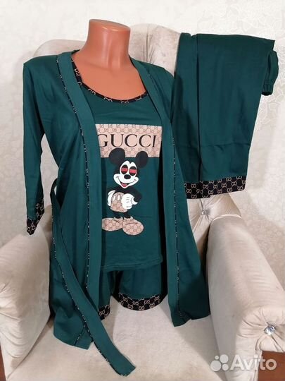 Пижама женская Gucci 4в1 халат, майка, штаны,шорты