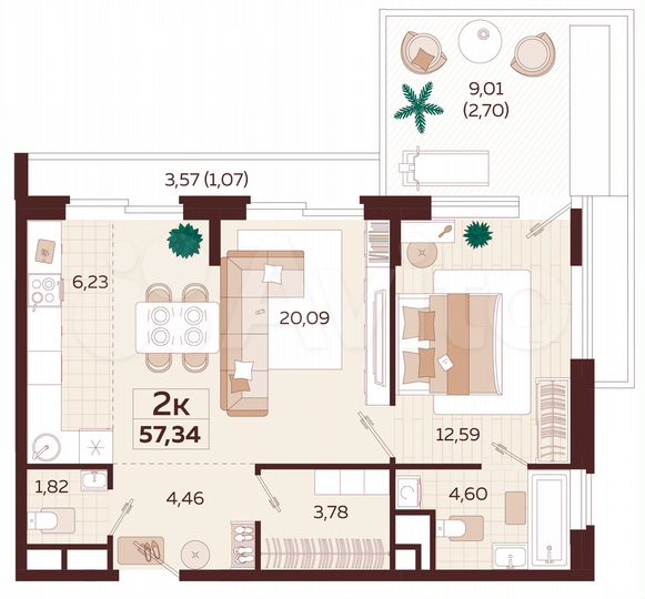 2-к. квартира, 57,3 м², 8/9 эт.