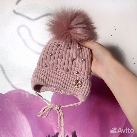 Шапка осень для девочки с помпоном на 2-3 мес