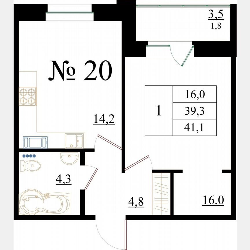 1-к. квартира, 41,1 м², 3/8 эт.