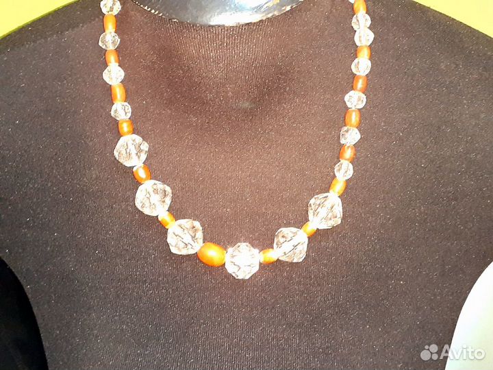 Янтарь + хрусталь старинное ожерелье Бусы нить 51