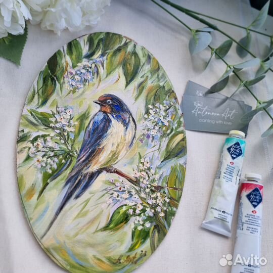 Птица Ласточка картина маслом холст овал 20х30 см