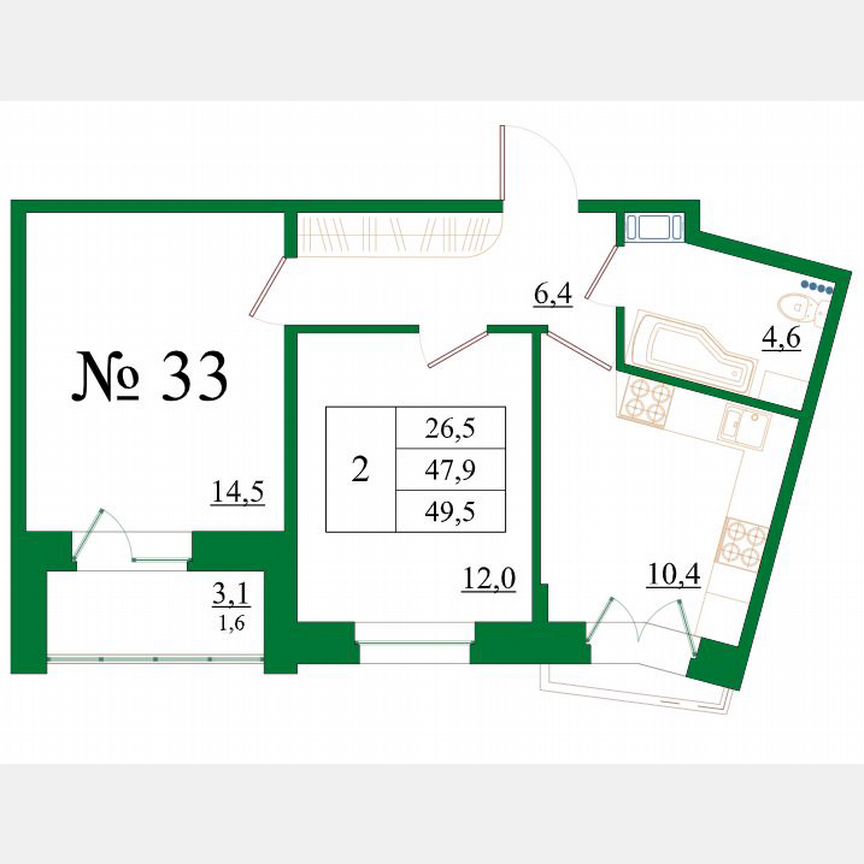 2-к. квартира, 49,5 м², 4/8 эт.