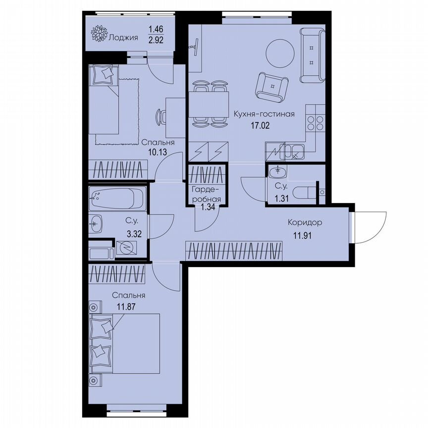 2-к. квартира, 58,4 м², 6/9 эт.