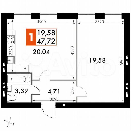 1-к. квартира, 47,7 м², 3/4 эт.