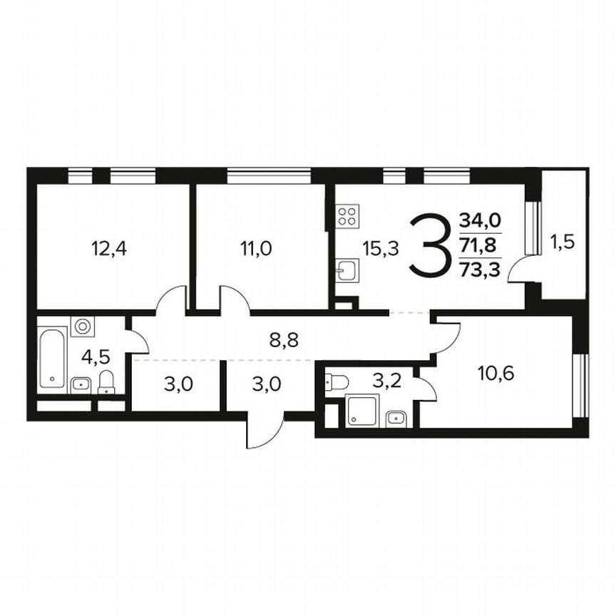 3-к. квартира, 73,3 м², 2/14 эт.