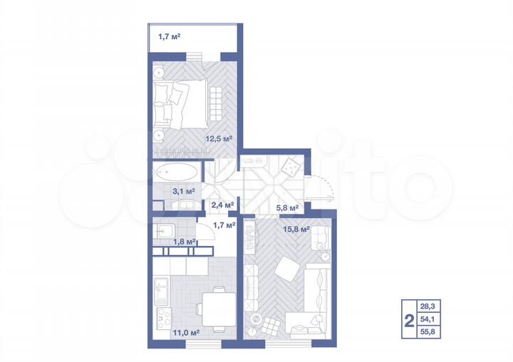 2-к. квартира, 55,8 м², 17/17 эт.