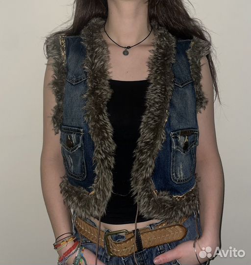 Жилетка джинсовая + меховая y2k