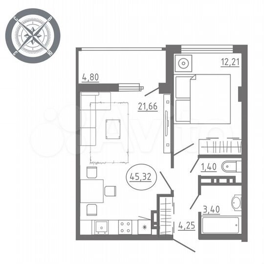 1-к. квартира, 48,1 м², 13/18 эт.