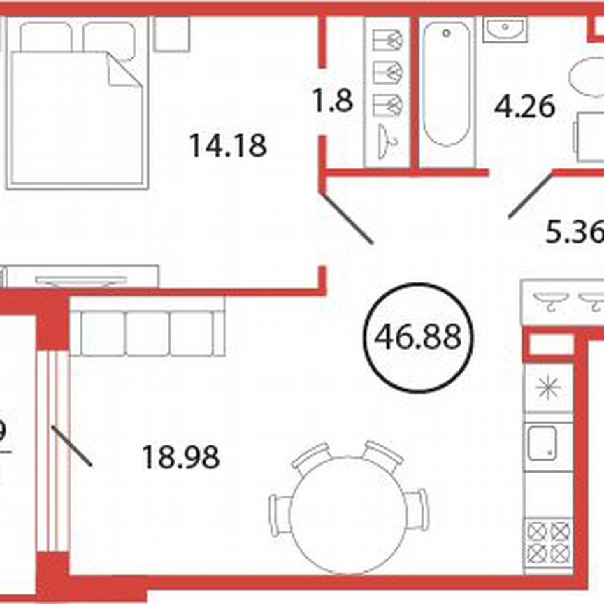 1-к. квартира, 46,9 м², 2/12 эт.