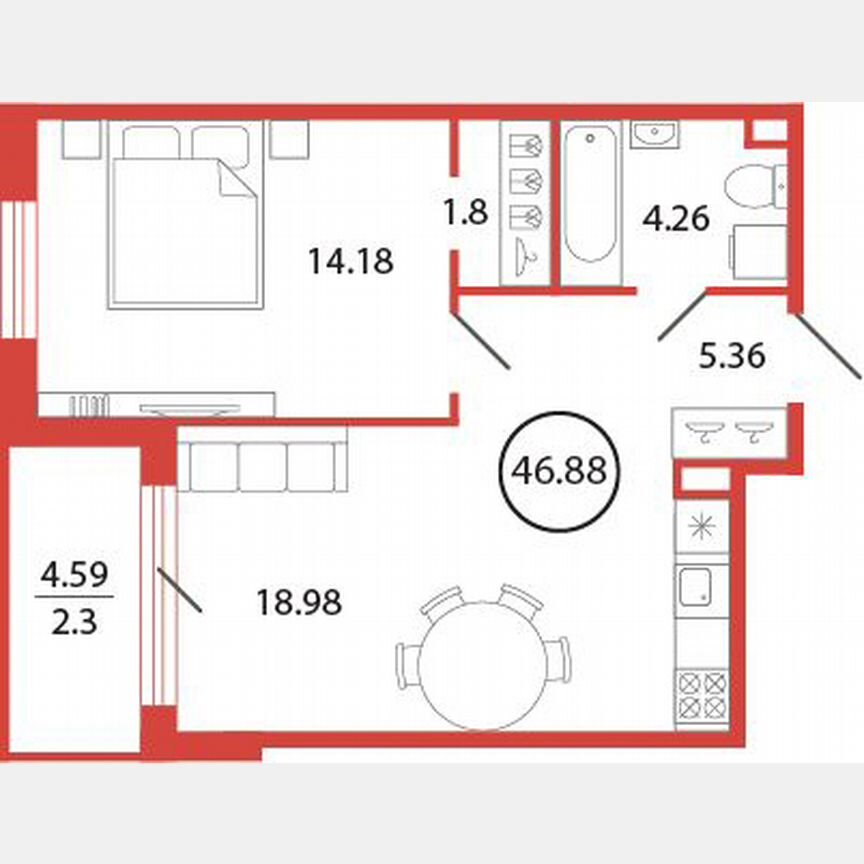 1-к. квартира, 46,9 м², 2/12 эт.