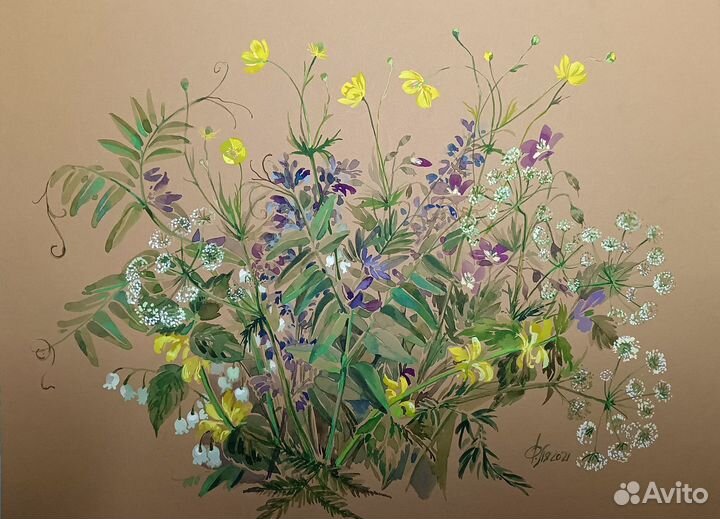 Картина акварель.Букет лесных трав