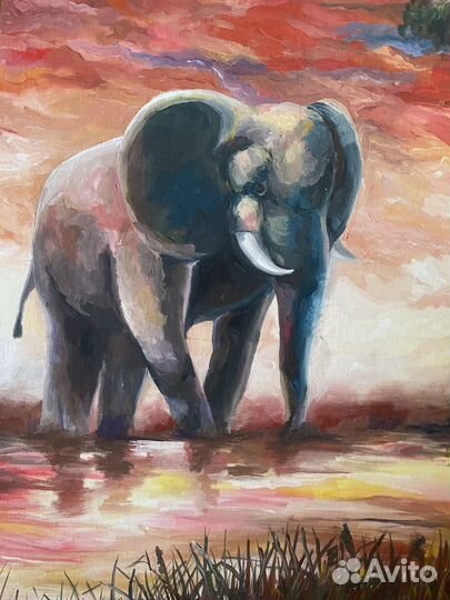 Картина маслом пейзаж Слоны