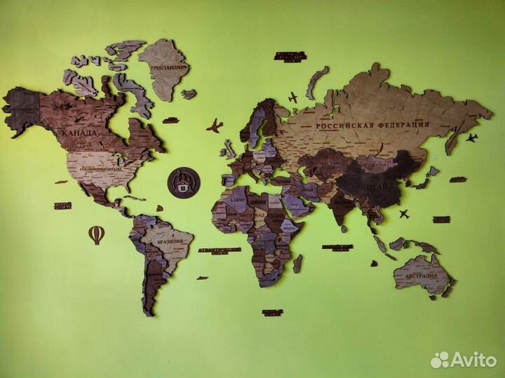 Деревянная карта мира, пано на стену из дерева